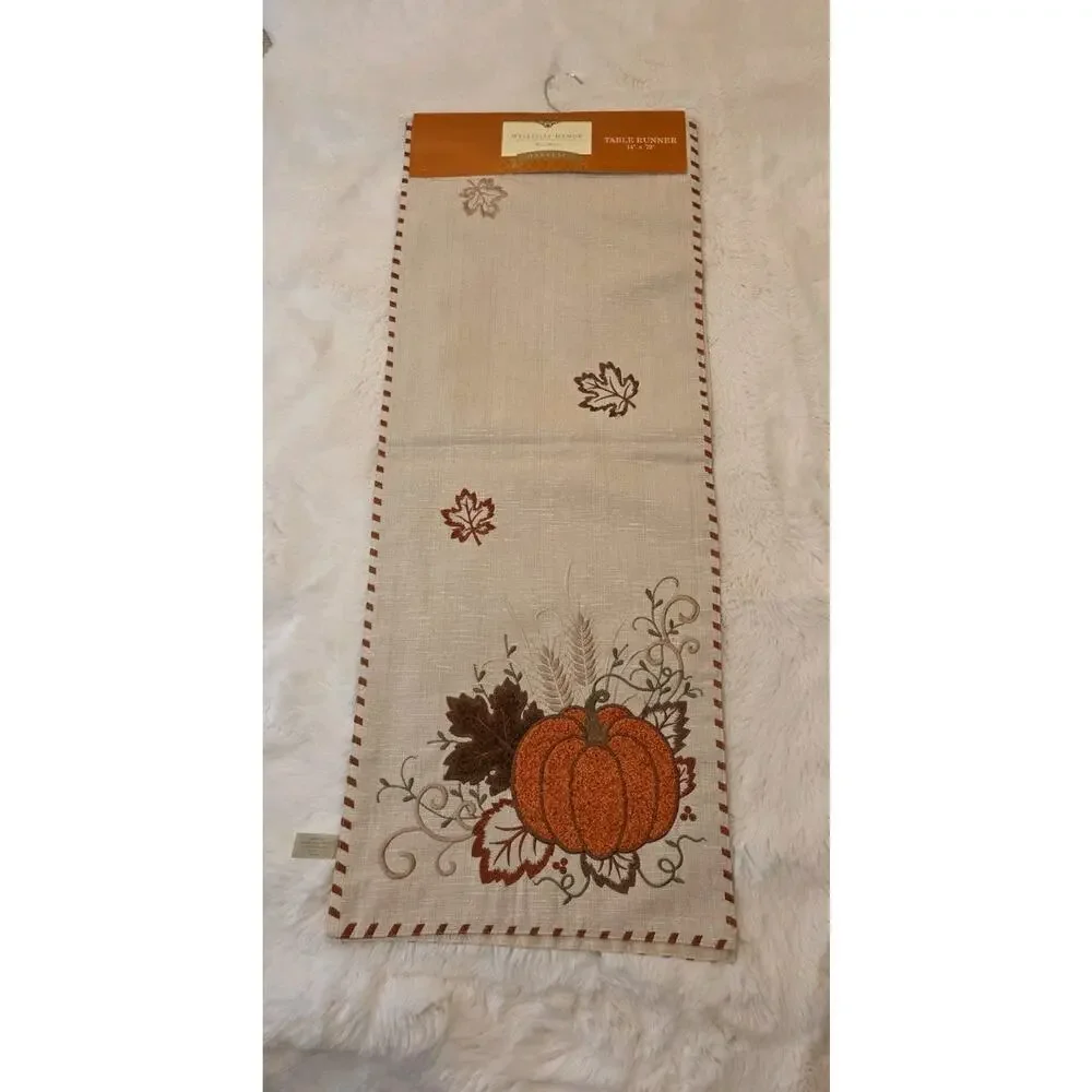 Brand New Wellesley Manor Harvest Collection Embroidered Pumpkin Table Runner...